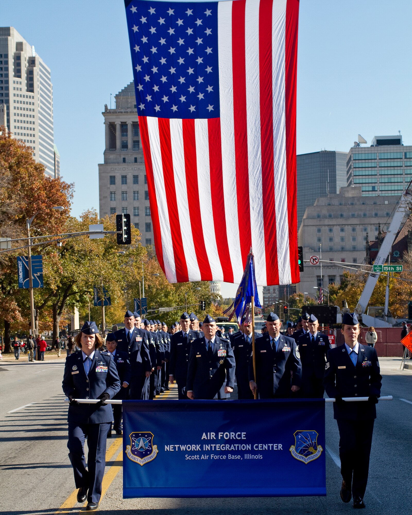 ST LOUIS, Mo. -- Airmen from the Air Force Network Integration Center at Scott Air Force Base, Ill., march in formation down Market Street in downtown St. Louis as part  of the city's 27th annual Veterans Day parade Nov. 6.  (U.S. Air Force photo/MSgt G. Shawn Lowry)
