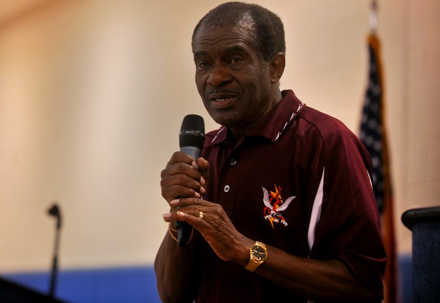 MOODY AIR FORCE BASE, Ga. -- Retired Chief Master Sgt. Jimmy Ingram, 23rd Wing Retiree Affairs Office director, addresses retirees about Retiree Appreciation Day’s events during the culmination event for Retiree Appreciation Week here Nov. 6. Mr. Ingram hosted the event as retirees were able to ask questions they had for the base commander and RAO. (U.S. Air Force photo/Airman 1st Class Joshua Green)(RELEASED)
