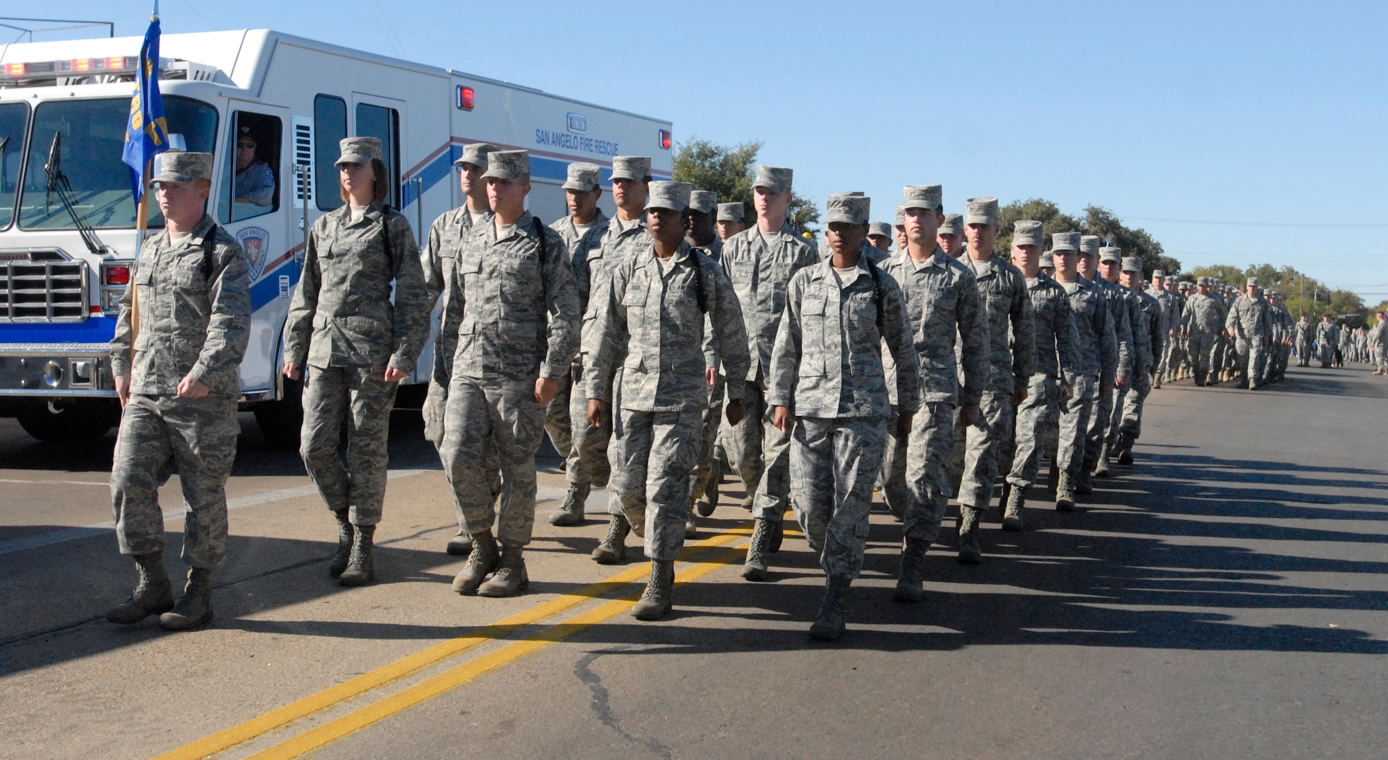 GOODFELLOW AIR FORCE BASE, Texas - 17th Training Wing Airmen march during the San Angelo Veterans Parade held Nov. 6., to honor veterans for their service and sacrifice to the country. (U.S. Air Force photo /Airman 1st Class Anne Gathua)