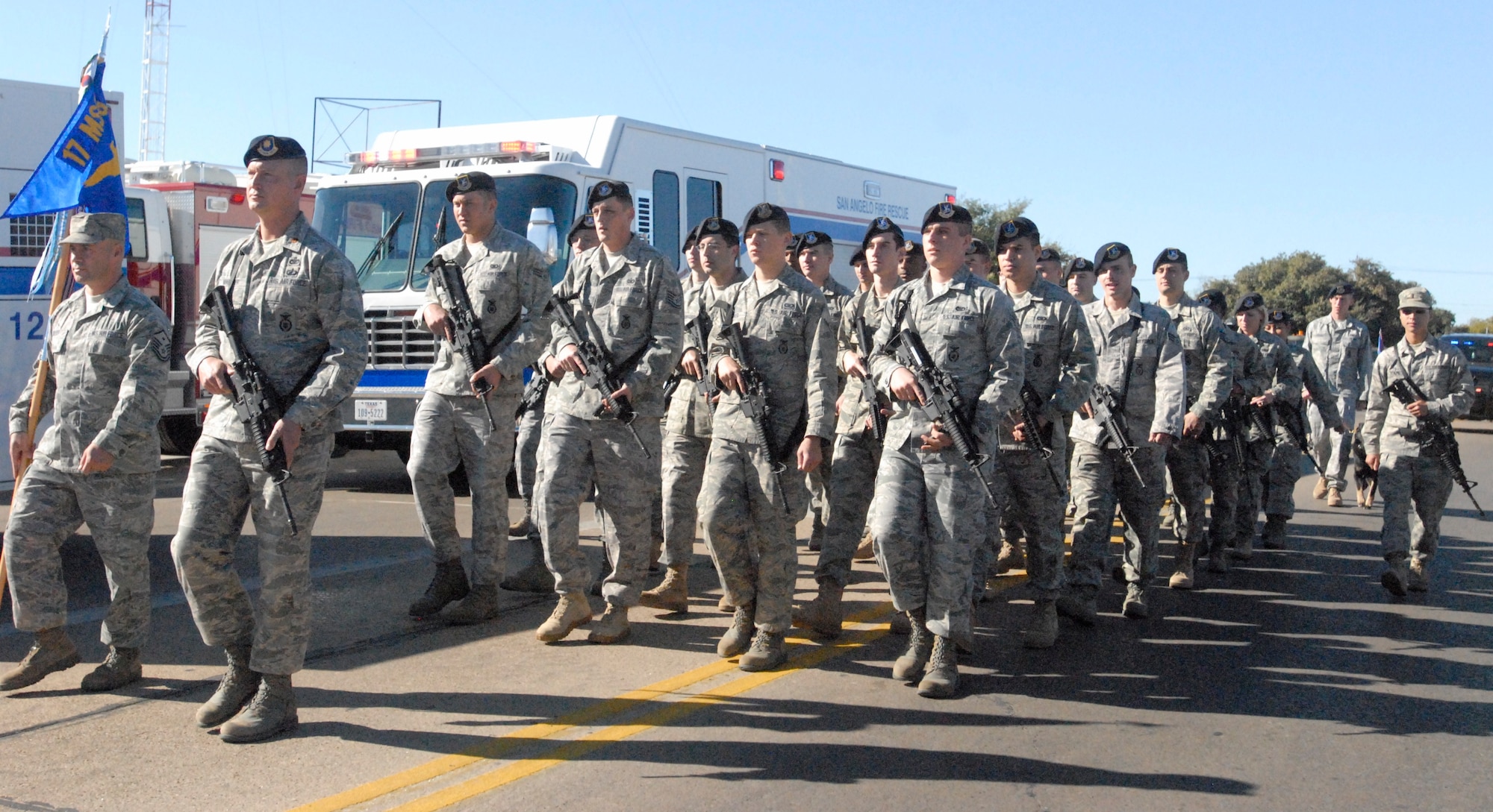 GOODFELLOW AIR FORCE BASE, Texas - 17th Security Forces Squadron Airmen march during the San Angelo Veterans Parade held Nov. 6., to honor veterans for their service and sacrifice to the country. (U.S. Air Force photo /Airman 1st Class Anne Gathua)