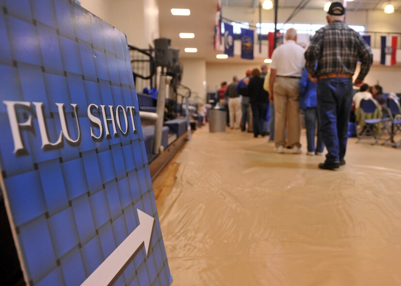 MOODY AIR FORCE BASE, Ga. -- Retired servicemembers and their spouses stand in line waiting for the flu shot during Retiree Appreciation Week here Nov. 6. Retirees were shown around the base and given an overview of the programs the base has to offer. (U.S. Air Force photo/Airman 1st Class Nicholas L. Benroth)(RELEASED)
