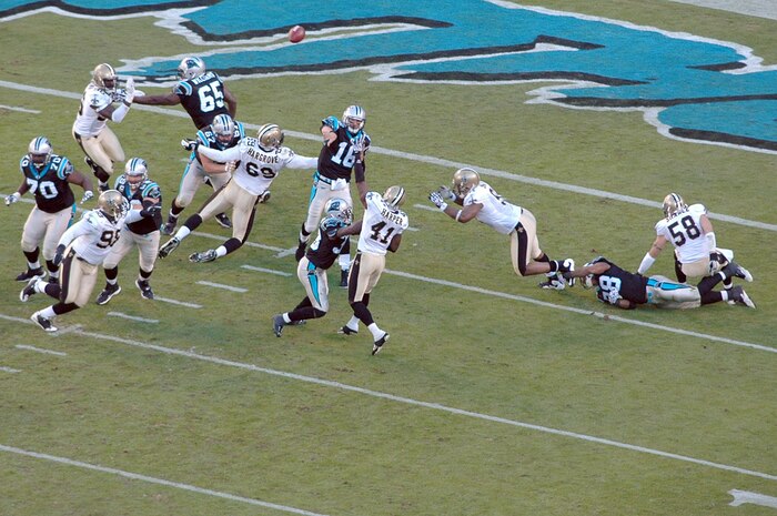 Carolina Panthers quarterback Tony Pike throws a pass during the North Carolina and New Orleans Saints football game Nov. 7, 2010, in Charlotte, N.C. The Carolina Panthers hosted color guard members from all branches of the military in recognition of Veterans Day. The Panthers lost to the Saints 34-3. (U.S. Air Force photo/Staff Sgt. Marie Brown)