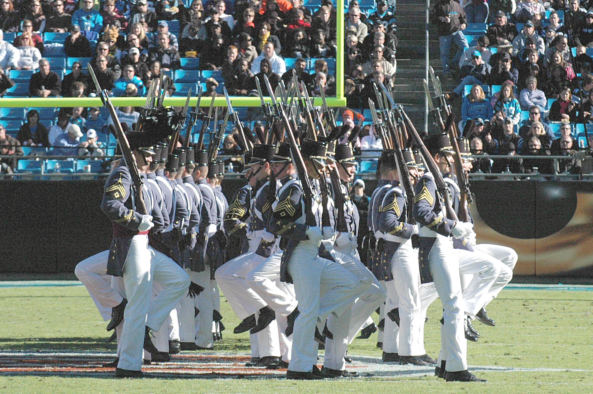 Charleston Citadel cadets perform during the half-time show at the Carolina Panthers and New Orleans Saints football game Nov. 7, 2010, in Charlotte, N.C. The Carolina Panthers hosted color guard members from all branches of the military in recognition of Veterans Day. (U.S. Air Force photo/Staff Sgt. Marie Brown)