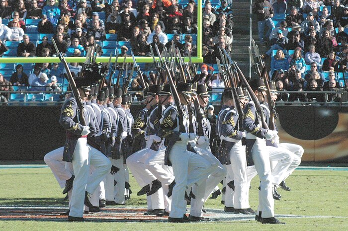 Charleston Citadel cadets perform during the half-time show at the Carolina Panthers and New Orleans Saints football game Nov. 7, 2010, in Charlotte, N.C. The Carolina Panthers hosted color guard members from all branches of the military in recognition of Veterans Day. (U.S. Air Force photo/Staff Sgt. Marie Brown)