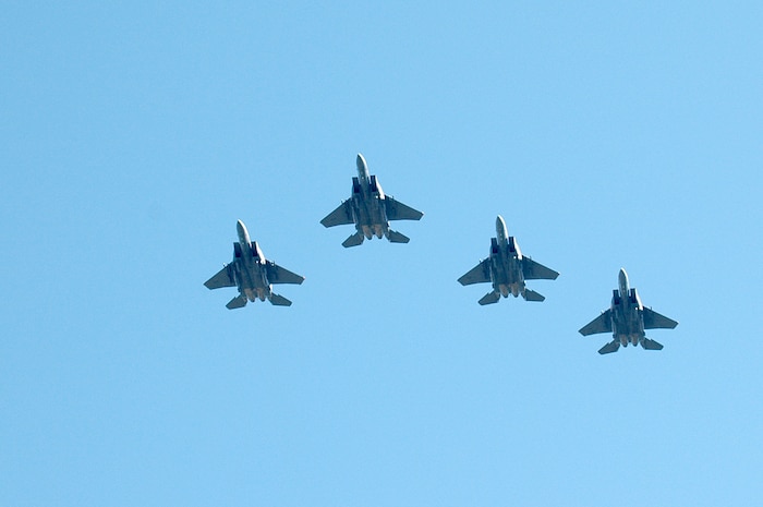 Four F-15Es out of Seymour Johnson Air Force Base, N.C., perform a flyover during the Carolina Panthers and New Orleans Saints pre-game show Nov. 7, 2010, in Charlotte, N.C. The Carolina Panthers hosted color guard members from all branches of the military in recognition of Veterans Day. The Panthers lost to the Saints 34-3. (U.S. Air Force photo/Staff Sgt. Marie Brown)