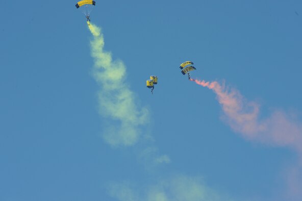 FT. PIERCE, Fla. - Members of the Leap Frogs, the Navy's official parachute team, do a demonstration jump from a 920th Rescue Wing HC-130P/N King aircraft during the 25th Annual National Navy UDT-SEAL Museum Muster in Fort Pierce, Fla., Nov. 6. The jump was one of many demonstrations performed that day for a crowd of approximately 5,000 service members and civilians (Photo/Senior Airman Anna-Marie Wyant).