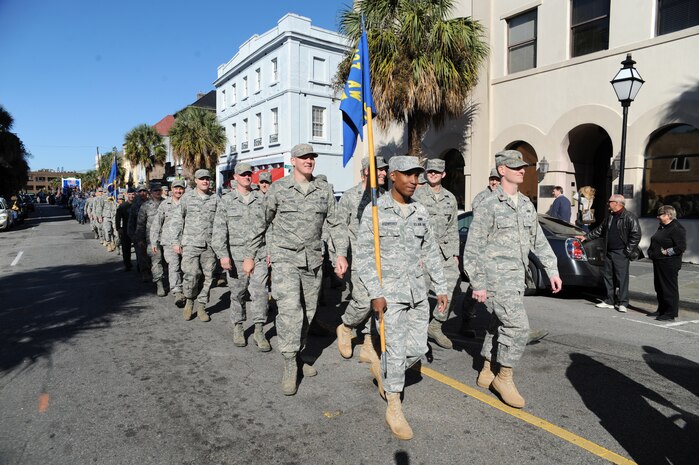 Members of the 628th Air Base Wing march 
in the Veterans Day parade sponsored by the  Ralph H. Johnson Veterans Affairs Medical Center Nov. 7, 2010, in downtown Charleston, S.C. (U.S. Air Force photo/James M. Bowman)(released)