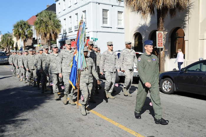 Members of the 315th Airlift Wing march in the Veterans Day parade sponsored by the  Ralph H. Johnson Veterans Affairs Medical Center Nov. 7, 2010, in downtown Charleston, S.C. (U.S. Air Force photo/James M. Bowman)(released)