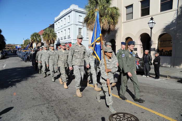 Members of the 437th Airlift Wing march in the Veterans Day parade sponsored by the  Ralph H. Johnson Veterans Affairs Medical Center Nov. 7, 2010, in downtown Charleston, S.C. (U.S. Air Force photo/James M. Bowman)(released)