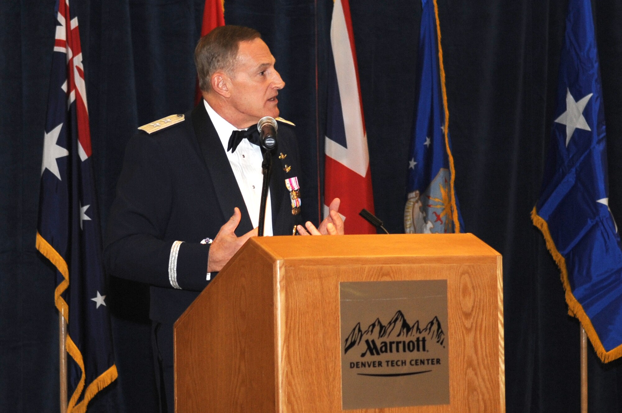 BUCKLEY AIR FORCE BASE, Colo.--Maj. Gen. Michael J. Basla, vice commander of Air Force Space Command, was the keynote speaker at the 40th Anniversary of the Defense Support Program (DSPs) first satellite launch gala held by the 460th Space Wing on Nov. 6 2010.  (U.S. Air Force Photo by Airman Manisha Vasquez) 