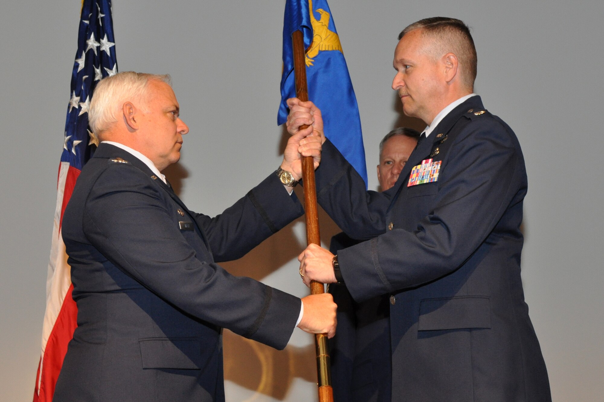 Lt. Col. Kenneth Ratliff (right) assumes command of the 917th Force Support Squadron in a ceremony at Barksdale Air Force Base, La., Nov. 6, 2010. Col. Kevin Wolfe, 917th Mission Support Group commander, served as the officiating officer for the event. Colonel Ratliff was the commander of 917th Mission Support Flight and assumed command of the 917 FSS, after the 917 MSF was re-designated, which was effective Oct. 15, 2010. The new designation combines several units under one commander, which will increase the efficiency of support operations within the 917th Wing. (U.S. Air Force photo/Tech. Sgt. Jeff Walston)    