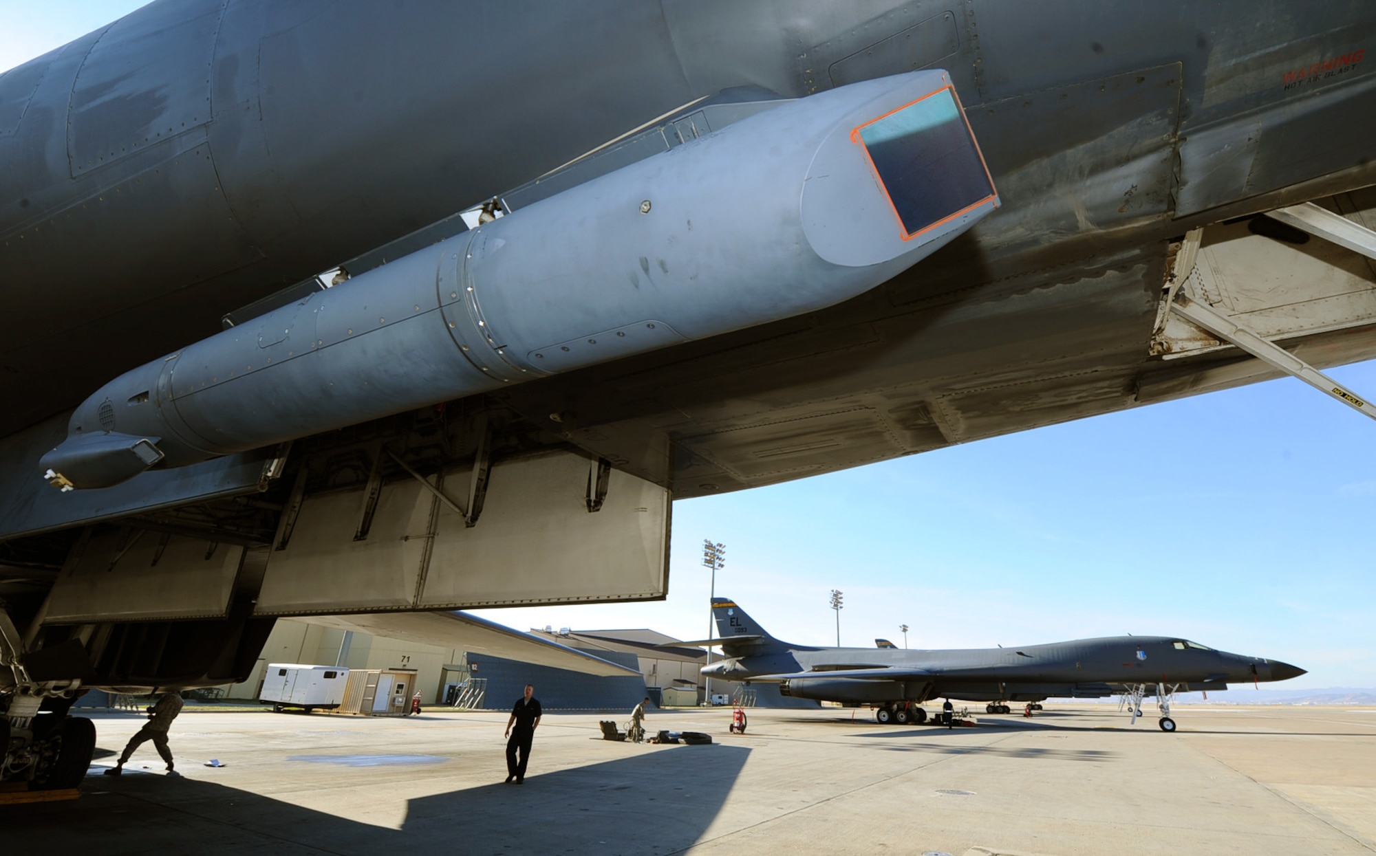 A B-1B Lancer with a Sniper advanced targeting pod is parked on the flightline Oct. 22, 2010, at Ellsworth Air Force Base, S.D. The pod is a long-range precision targeting system that supports the B-1's mission by providing positive target identification, autonomous tracking, coordinate generation and precise weapons guidance from extended standoff ranges supporting air to ground operations. (U.S. Air Force photo/Senior Airman Kasey Close)
