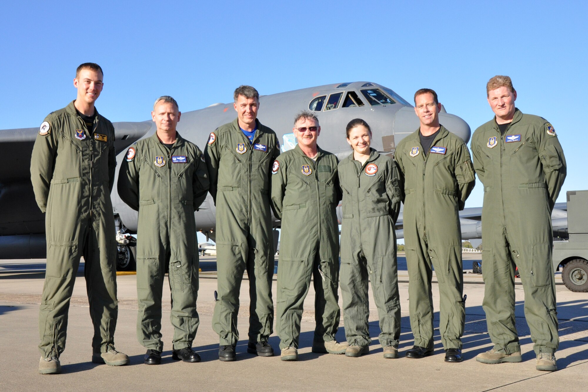 Capt. Dane Collette, 11th Bomb Squadron, co-pilot, Lt. Cols Joseph Jones, commander of the 93rd Bomb Squadron, Robert Vanhoy, 93rd BS command pilot, Technical Sgt. Jeff Walston, 917th Wing, public affairs technician, Senior Airman Kimberly Simon, 717th Aircraft Maintenance Squadron, Maj. Chris Anderson, flight commander, 93rd BS, and Lt. Col. Chris Talbot, flight commander, 93rd BS pose for a picture on the ramp at Barksdale Air Force Base, La., after a training sortie in a 917th Wing B-52 Stratofortress, Nov. 5, 2010. Airman Simon and Sergeant Walston were on the training mission with a 93rd BS crew as a part of the 917th Wing Commander’s program of incentive flights for top performers. Airman Simon and Sergeant Walston were named the 917h Wing’s Airman and Non-Commissioned Officer of the Quarter for the second quarter of 2010. Fortunately, Capt. Kerry Baker, a radar navigator with the 93rd BS, who was also part of the crew, agreed to take a photo for the two quarterly winners and therefore was not able to appear in the photo. (U.S. Air Force photo/Capt. Kerry Baker)