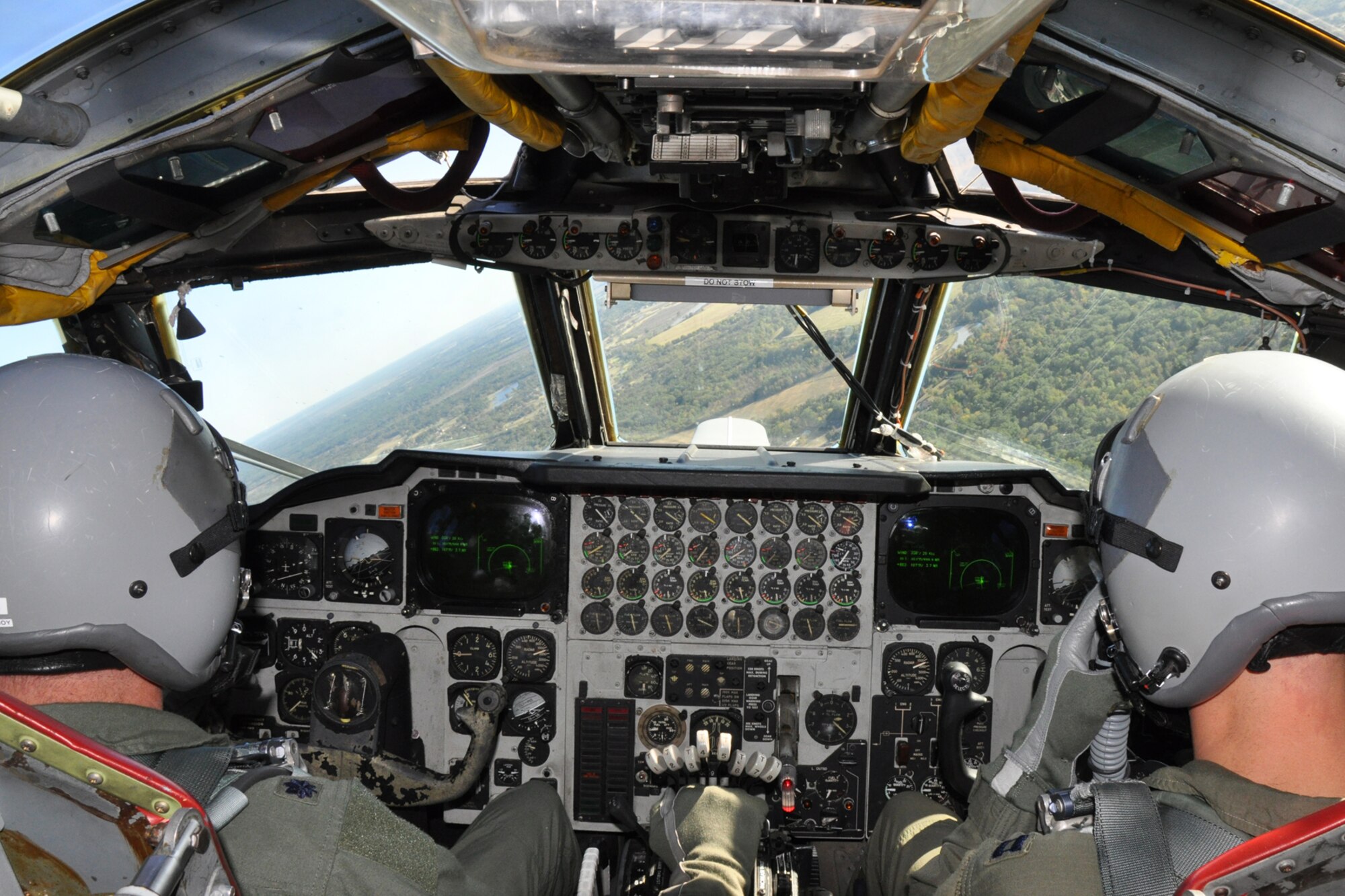 Lt. Col. Robert Vanhoy, command pilot, 93rd Bomb Squadron, and Capt. Dane Collette, co-pilot, 11th Bomb Squadron, make a turn for home, after successfully completing several simulated bombing runs in a B-52 Stratofortress during a training sortie in the skies over Northern, La., Nov. 5, 2010. The crew of the B-52 also carried with them two happy participants in the incentive ride program instituted by the 917th Wing commander to reward top performers in the unit. (U.S. Air Force photo/Tech. Sgt. Jeff Walston)

