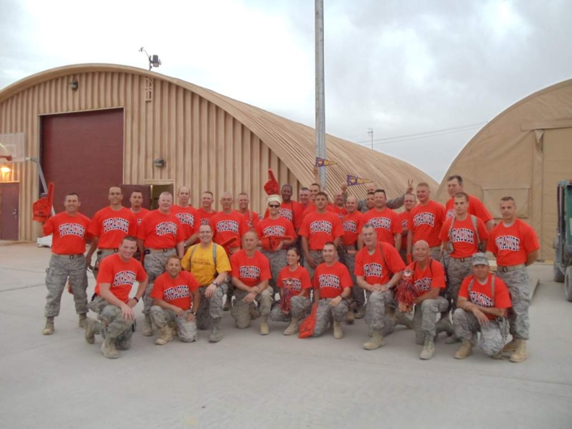 The 455th Civil Engineering (CE) Squadron based at Bagram Airfield, Afghanistan will be "shouting out" during the Novemeber 12th Syracuse University vs. Northern Iowa basketball game. The 455th CE Squadron consists of airmen from the 174th Fighter Wing, Syracuse, NY and the 185th Fighter Wing from Sioux City, IA.

