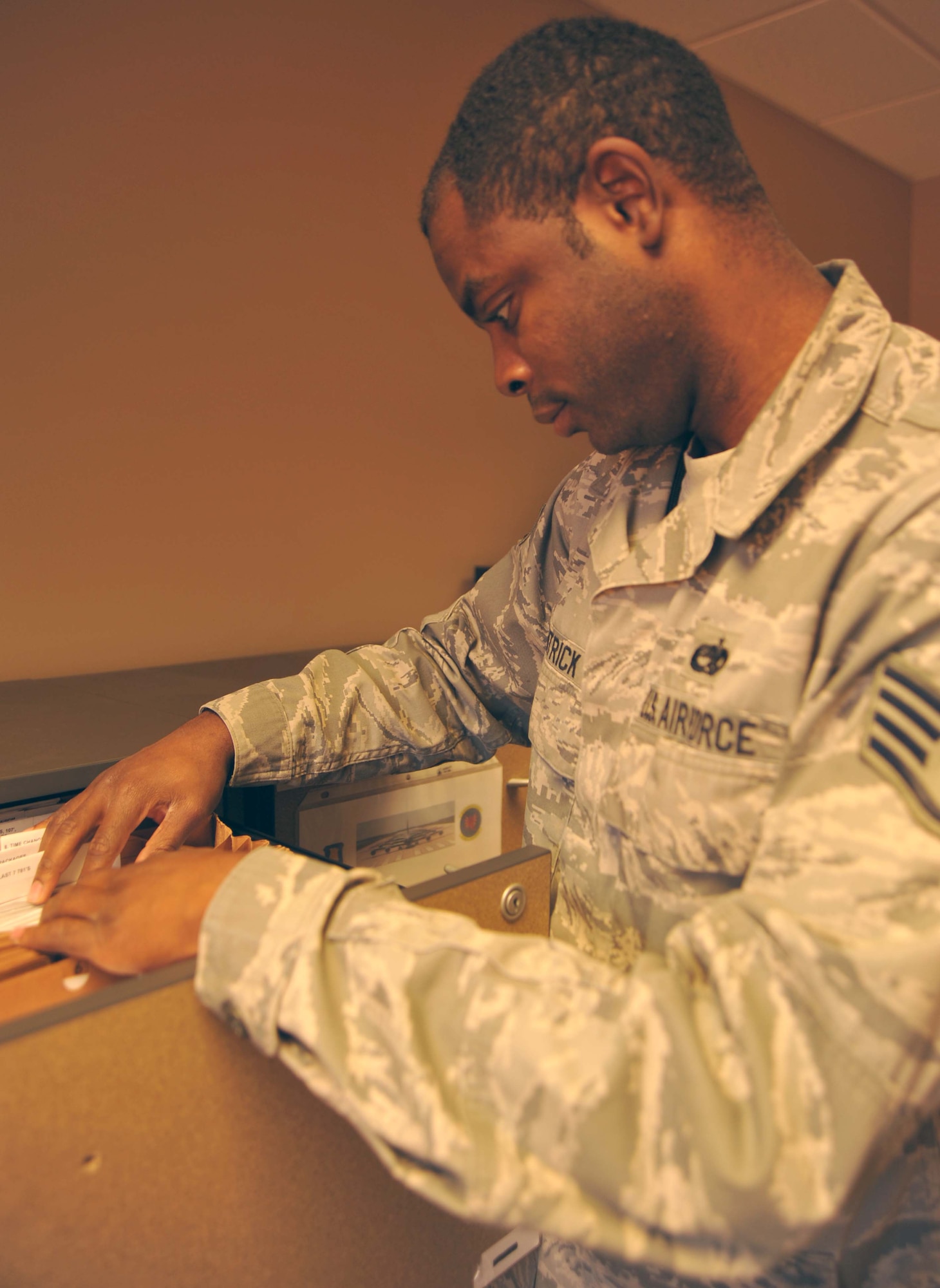 Staff Sgt. Nathan Patrick, 22nd Maintenance Operations Squadron aircraft scheduler, files historical documents for McConnell's aircraft, Nov. 7, 2010, McConnell Air Force Base, Kan.  In addition to filing, the Goldsboro, N.C., native advises wing leadership on aircraft availability/scheduling limitations and builds long range plans for aircraft support missions U.S. Central Command Air Forces and the Tanker Airlift Control Center.  (U.S. Air Force photo/Senior Airman Abigail Klein)