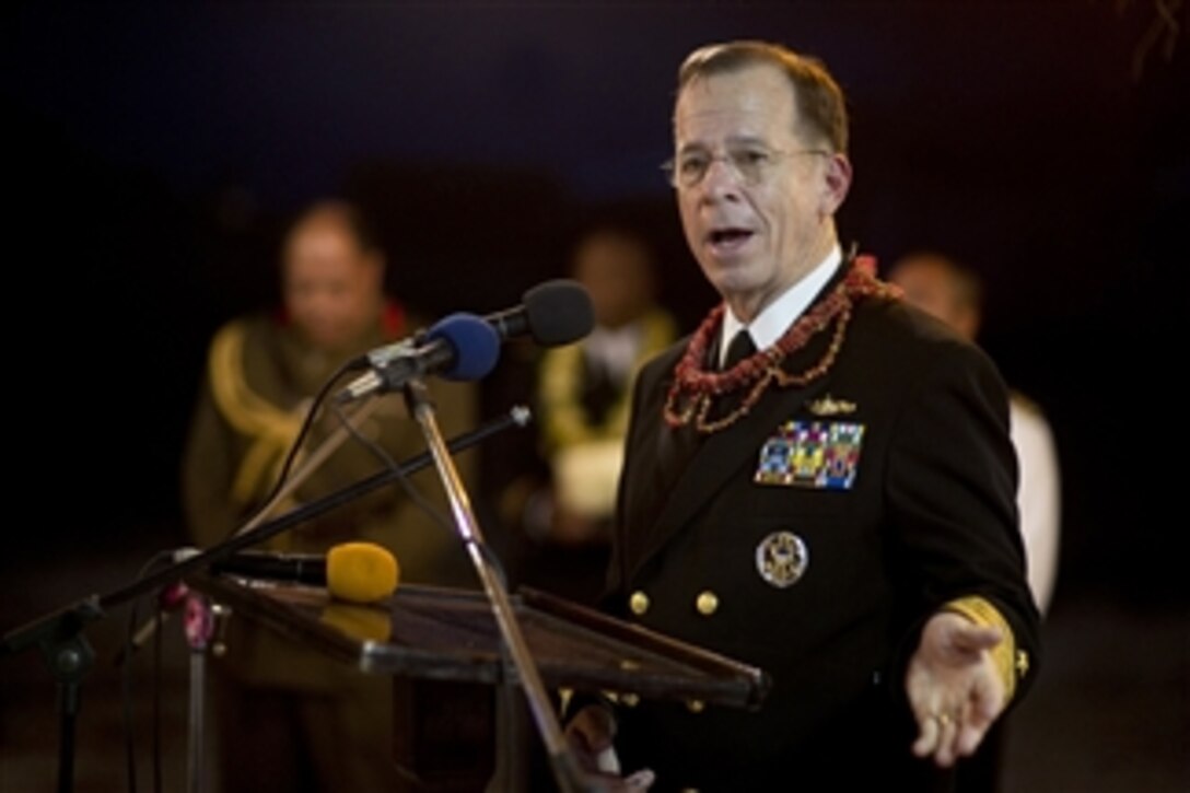 Chairman of the Joint Chiefs of Staff Adm. Mike Mullen, U.S. Navy, addresses audience members at a reception welcoming the delegations to the Kingdom of Tonga on Nov. 9, 2010.  Mullen visited Tonga on the second stop of a Pacific tour to thank the Tongan people for their continuing dedication and support in sending troops to Iraq and Afghanistan.  