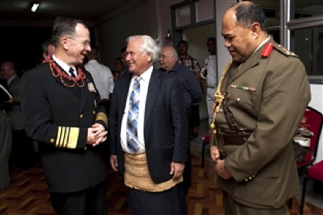 U.S. Navy Adm. Mike Mullen, chairman of the Joint Chiefs of Staff, left, speaks with Prime Minister of Tonga Feleti Vakauta Sevele and  Brig. Gen. Tau'aika "Dave" Uta'atu, Tonga's chief of defense, during a visit to Tonga on Nov. 9, 2010. Mullen visited Tonga on the second stop of a Pacific tour to thank the Tongan people for their continuing dedication and support in sending troops to Iraq and Afghanistan. 