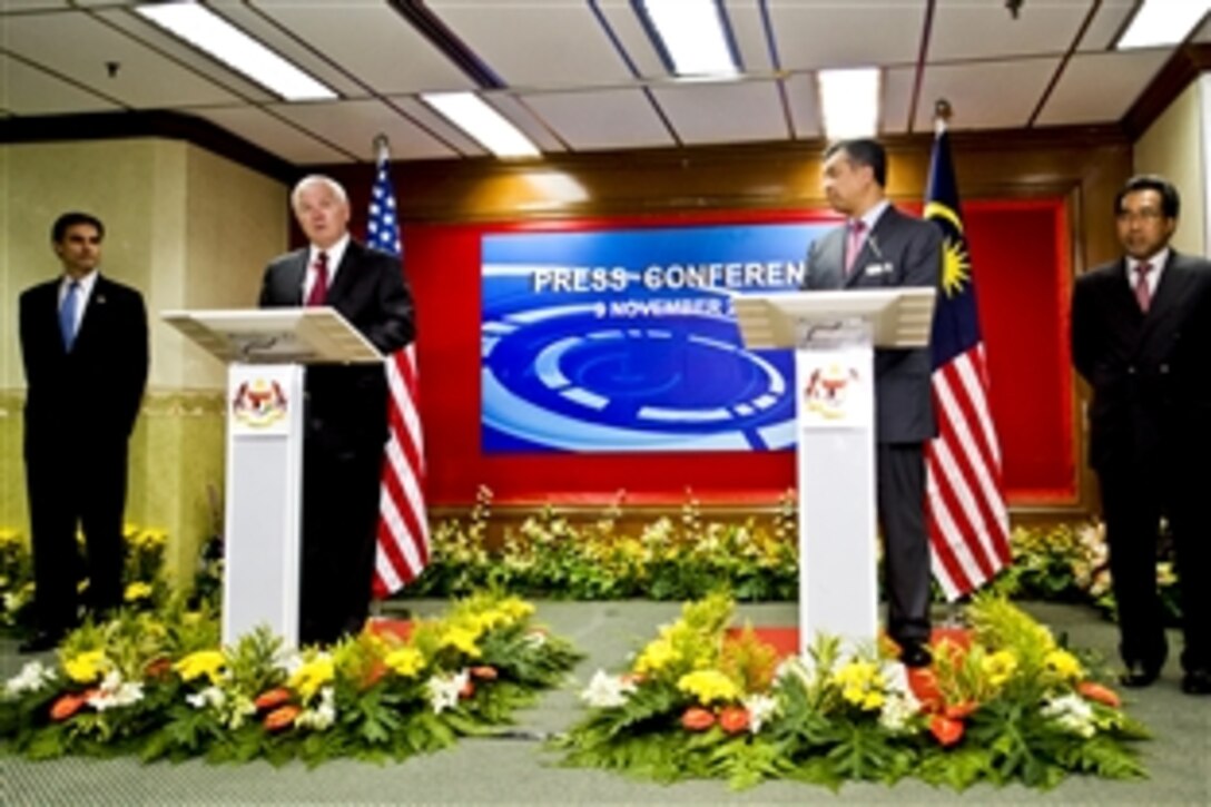 U.S. Defense Secretary Robert M. Gates and Malaysian Defense Minister Ahmad Zahid Hamidi conduct a press conference at the Defense Ministry building in Kuala Lumpur, Malaysia, Nov. 9, 2010.