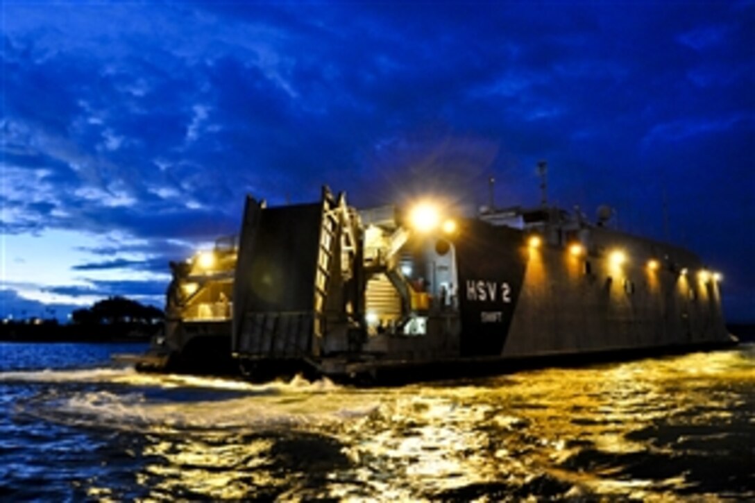 The U.S. Navy  High Speed Vessel Swift 2 pulls into Naval Station Guantanamo Bay, Cuba, Nov. 6, 2010. The Swift will be deployed supporting Southern Partnership Station, an annual deployment of specialty platforms to the U.S. Southern Command area of responsibility in the Caribbean and Latin America.