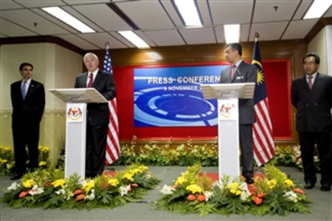 Secretary of Defense Robert M. Gates and Malaysian Defense Minister Ahmad Zahid Hamidi conduct a joint press conference in the Defense Ministry building in Kuala Lumpur, Malaysia, on Nov. 9, 2010.  