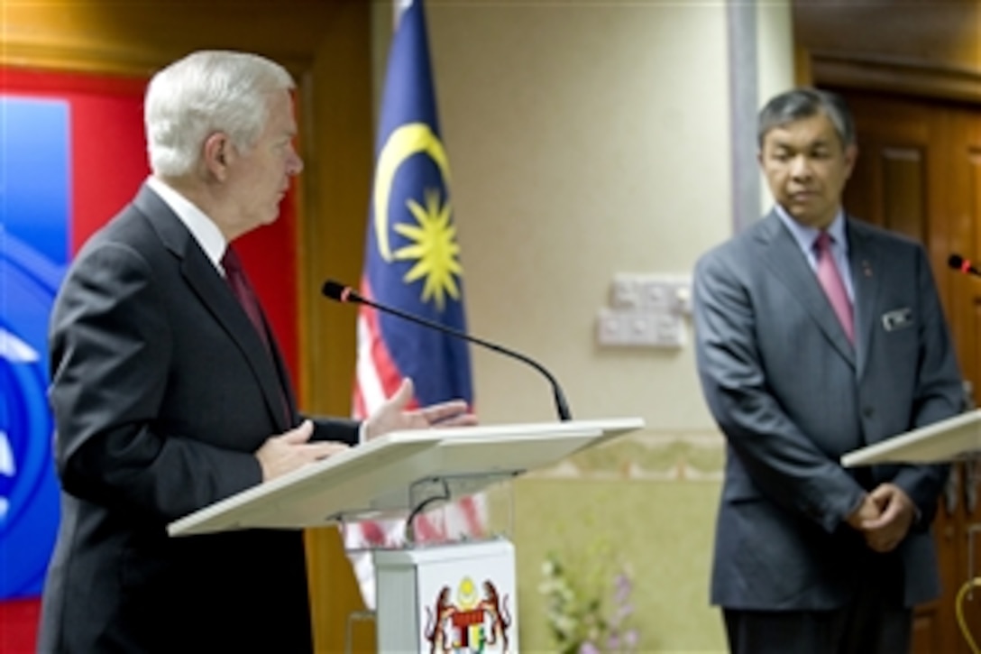 Secretary of Defense Robert M. Gates and Malaysian Defense Minister Ahmad Zahid Hamidi conduct a joint press conference in the Defense Ministry building in Kuala Lumpur, Malaysia, on Nov. 9, 2010.  