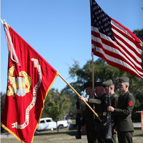The color guard for Combat Logistics Battalion 6, 2nd Marine Logistics Group, present the colors while the national anthem plays during a ceremony aboard Camp Lejeune, N.C., Nov. 10, 2010. The ceremony celebrated the Marine Corps’ 235th birthday.  (U.S. Marine Corps photo by Pfc. Franklin E. Mercado)