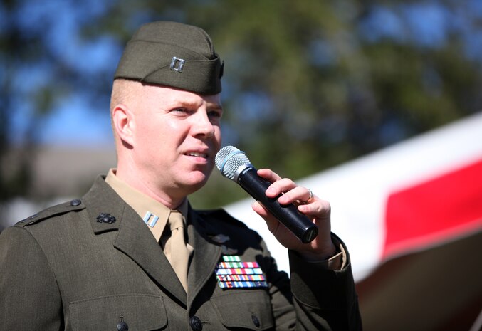Navy Lt. David Alexander, the chaplain for Combat Logistics Battalion 6, 2nd Marine Logistics Group, reads an invocation during a ceremony aboard Camp Lejeune, N.C., Nov. 10, 2010. The ceremony was held to celebrate the Marine Corps’ 235th birthday. (U.S. Marine Corps photo by Pfc. Franklin E. Mercado)