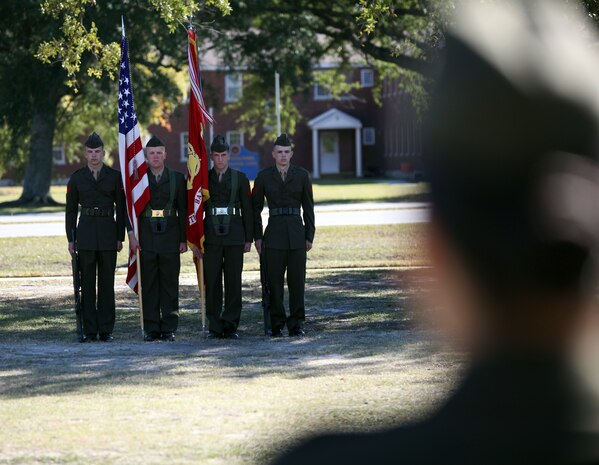 The color guard for Combat Logistics Battalion 6, 2nd Marine Logistics Group, stands at attention during a ceremony aboard Camp Lejeune, N.C., Nov. 10, 2010. The ceremony was held to celebrate the Marine Corps’ 235th birthday.  (U.S. Marine Corps photo by Pfc. Franklin E. Mercado)