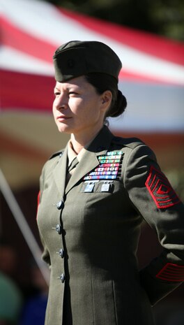 First Sgt. Raquel Painter, Combat Logistics Battalion 6, 2nd Marine Logistics Group, stands at parade rest during a cake cutting ceremony aboard Camp Lejeune, N.C., Nov. 10, 2010. The ceremony was held to celebrate the Marine Corps’ 235th birthday.  (U.S. Marine Corps photo by Pfc. Franklin E. Mercado)