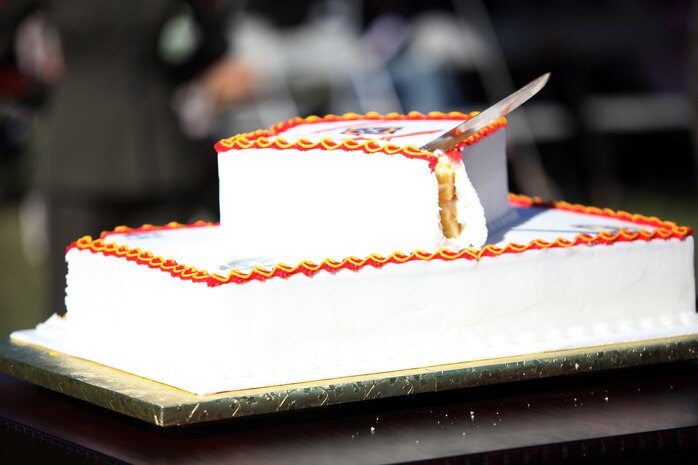 Lieutenant Col. Ralph Rizzo’s, commanding officer, Combat Logistics Battalion 6, 2nd Marine Logistics Group, sword sits in the middle of the cake after he ran it through during a cake cutting ceremony aboard Camp Lejeune, N.C., Nov. 10, 2010. The ceremony was held in honor of the Marine Corps’ 235th birthday. (U.S. Marine Corps photo by Pfc. Franklin E. Mercado)