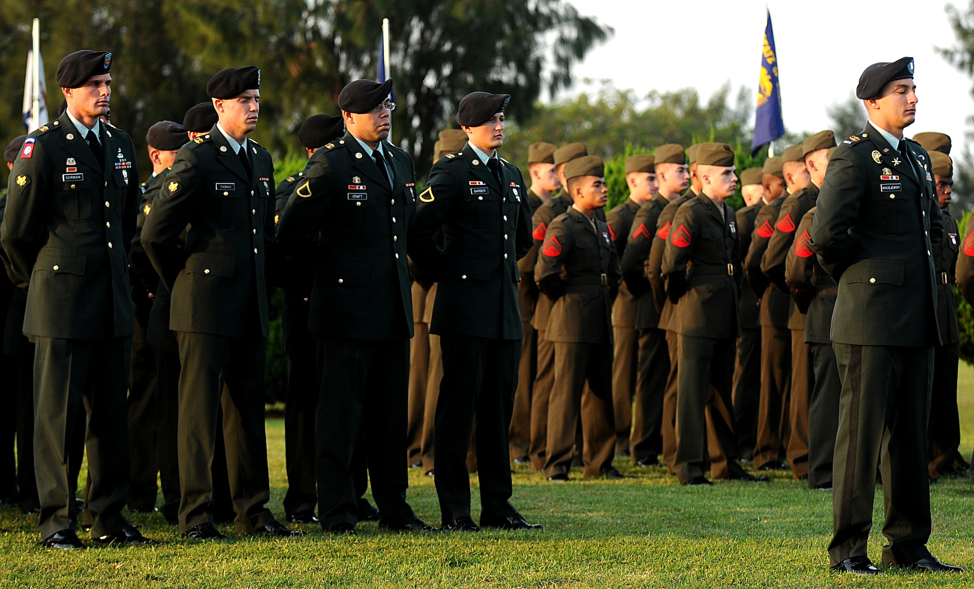 Marines and Soldiers stand in formation at Kadena's Veterans Day ceremony Nov. 11. Kadena is unique in that operations for all four branches occur on the installation. (U.S. Air Force Photo/Staff Sgt. Christopher Hummel)