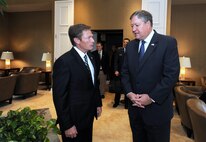 Kenneth Fisher, Fisher House Foundation chairman, talks with Secretary of the Air Force Michael Donley on Nov. 10, 2010, at Dover Air Force Base, Del., before the Fisher House for Families of the Fallen dedication ceremony.  The foundation built the 50th Fisher House at Dover to support families visiting the base for dignified transfers of their loved ones.  (U.S. Air Force photo/Scott M. Ash)