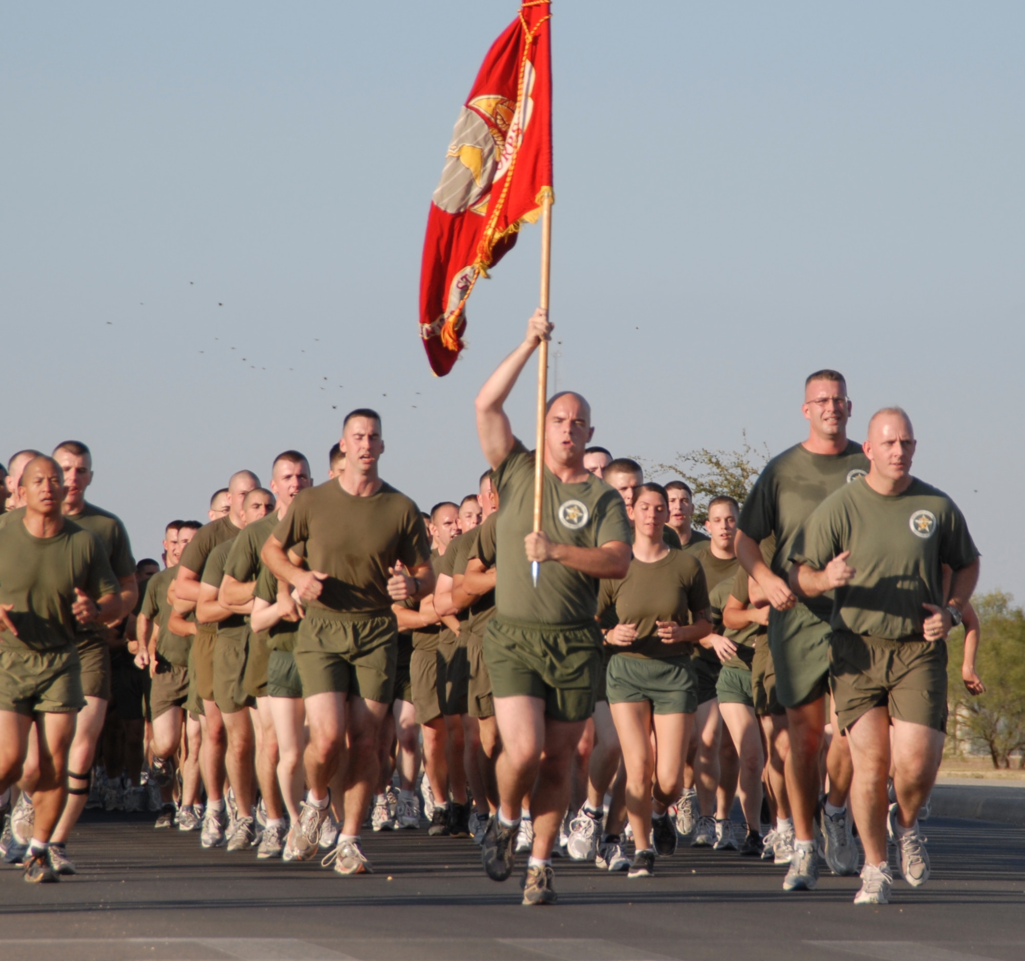 GOODFELLOW AIR FORCE BASE, Texas -- Marines from the Marine Corps Detachment here celebrate their 235th birthday with a two-mile formation run around the base Nov. 10.  (U.S. Air Force photo/Connie Hempel)
