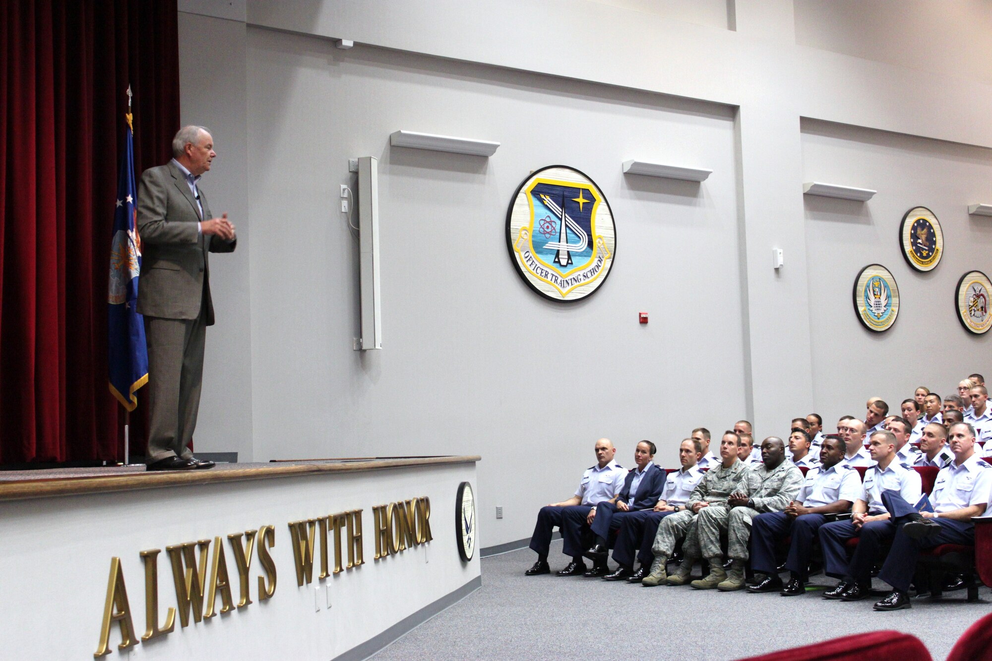 Former Secretary of the Air Force Michael W. Wynne speaks to Officer Training School staff and trainees during a visit to Maxwell.  


