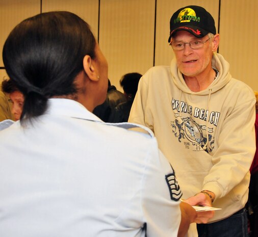 Tech. Sgt. Anitra Towns discusses medication supply options with Jeffrey Waters, a local retiree, at a retiree information fair held Nov. 6, 2010, at the Charleston Club at Joint Base Charleston, S.C. An information booth for the 628th Medical Group pharmacy offered attendees at the fair the current formulary of prescription medications available at the 628 MDG pharmacy, options in the local community for receiving prescriptions, mail-order pharmacies and medication disposal. Sergeant Towns is the NCO in charge of the 628th Medical Group pharmacy. (U.S. Air Force photo/Staff Sgt. Daniel Bowles)