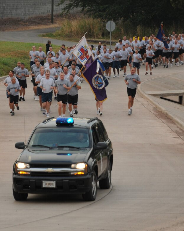 SOTO CANO AIR BASE, Honduras --  Team Bravo runs in formation as part of the monthly Joint Task Force-Bravo Run here Nov. 10. The run encourages a fitness lifestyle and esprit de corps. (U.S. Air Force photo/Tech. Sgt. Benjamin Rojek)