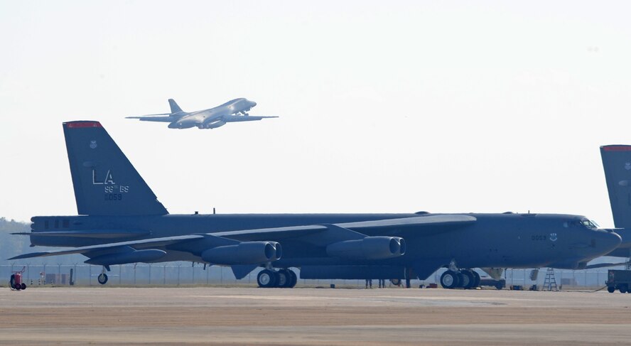 A B-1B Lancer from Ellsworth Air Force Base, S.D., takes flight on Barksdale AFB, La., Nov. 9 during Green Flag East Exercise. Four B-1B aircraft and approximately 75 members are temporarily assigned here, finishing up Nov. 22. (U.S. Air Force photo/Senior Airman Alexandra M. Boutte)