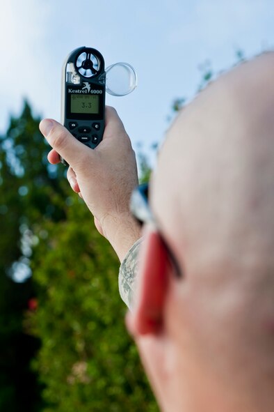MOODY AIR FORCE BASE, Ga. -- Tech. Sgt. David Tischhauser, 23rd Operations Support Squadron airfield services NCO in charge, collects data with a hand-held weather meter Oct. 27. When used in conjunction with a weather observation system and personal instinct, the hand-held meter serves as a useful tool in a deployed location or when main systems fail. (U.S. Air Force photo/Senior Airman Jamal D. Sutter)(RELEASED)