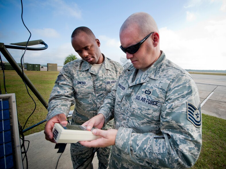 MOODY AIR FORCE BASE, Ga. -- Staff Sgt. Damon Snead (left), 23rd Operations Support Squadron weather forecaster, and Tech. Sgt. David Tischhauser, 23rd OSS airfield services NCO in charge, retrieve data from a weather observation system Oct. 27. Sergeants Snead and Tischhauser conduct weather checks throughout the day and operate whenever the airfield is open. The data they analyze is used to strategically determine desirable flight paths during air missions. (U.S. Air Force photo/Senior Airman Jamal D. Sutter)(RELEASED)