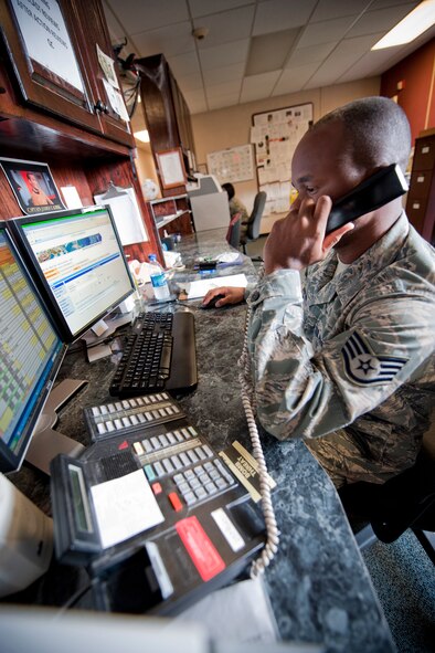 MOODY AIR FORCE BASE, Ga. -- Staff Sgt. Damon Snead, 23rd Operations Support Squadron weather forecaster, conducts a resource protection notification Oct. 27. During these notifications, Sergeant Snead is responsible for informing key agencies of any weather changes. It is the first step in base-wide dissemination of potential weather warnings and hazards in the area. (U.S. Air Force photo/Senior Airman Jamal D. Sutter)(RELEASED)