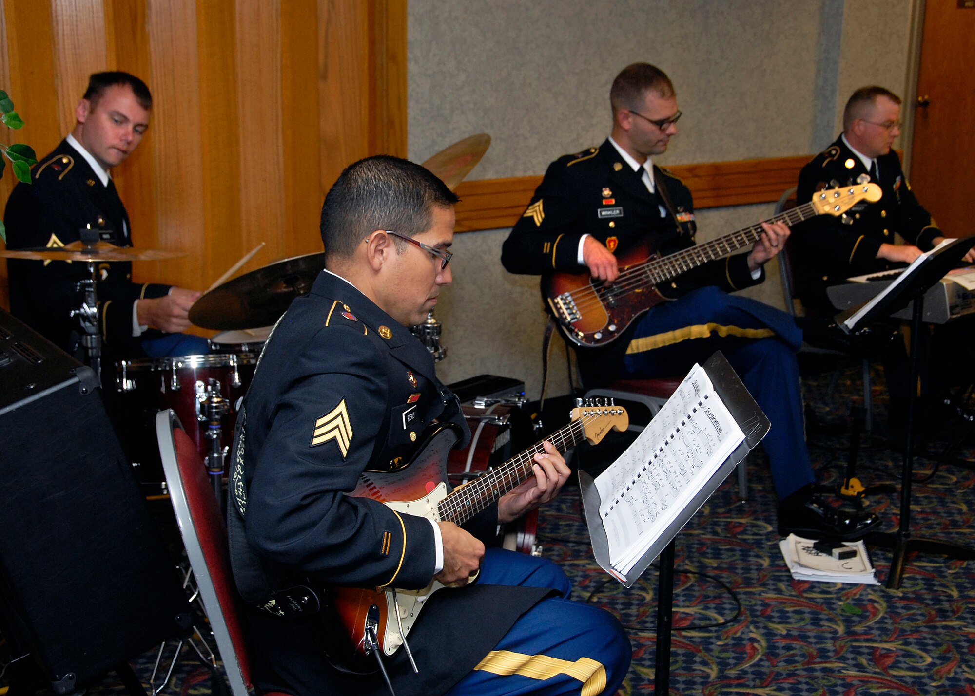 Members of the 77th Army Band Jazz Ensemble from Fort Sill, Okla., play a tune for guests Nov. 9 at Sheppard's annual Veteran's Day Luncheon. The band performed several military numbers during the event. (U.S. Air Force photo/Mike Litteken)