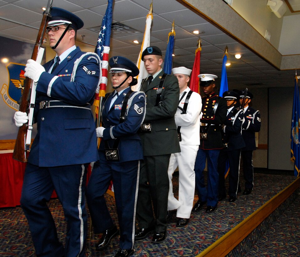 The Sheppard Air Force Base color guard prepares to post the colors Nov. 9 at the annual Veteran's Day Luncheon at the Sheppard Club. The guest speaker for the event was former Sheppard Technical Training Center Senior Enlisted Advisor and retired Air Force Chief Master Sgt. Thomas H. Taylor. (U.S. Air Force photo/Mike Litteken
