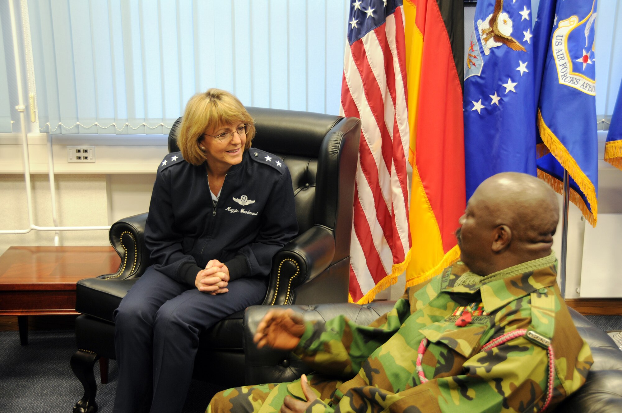 RAMSTEIN AIR BASE, Germany -- 17th Air Force (Air Forces Africa) Commander Maj. Gen. Margaret Woodward (left) talks with Ghanaian Defence Forces Sergeant Major (Chief Warrant Officer) Daniel Yaw Adu (right) during a visit from a Ghanaian senior enlisted delegation to AFAFRICA at their headquarters here Nov. 8. The visit, based on sharing expertise on enlisted force development, was part of an overall visit to U.S. Africa Command. (U.S. Air Force photo by Master Sgt. Jim Fisher)
