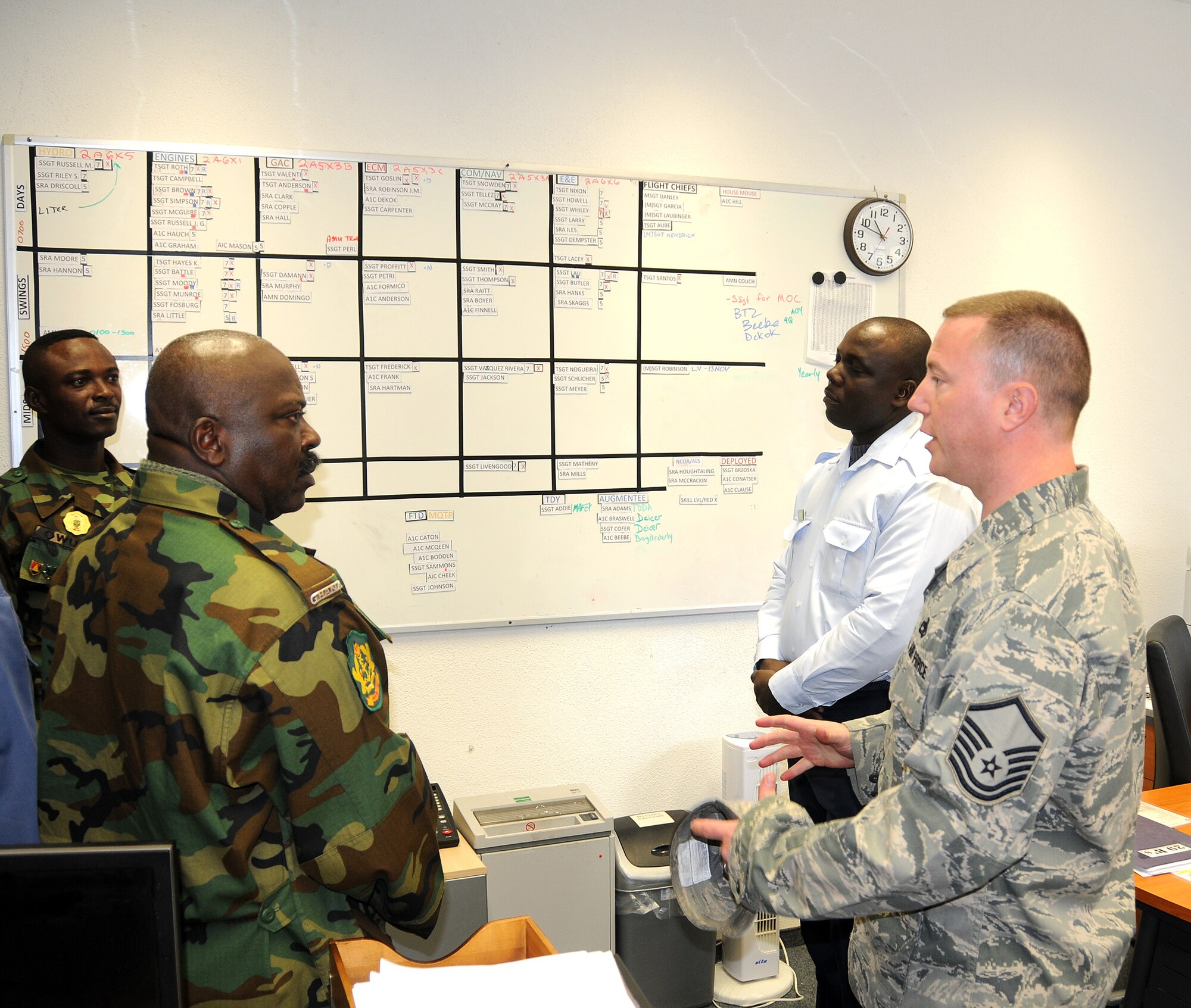 RAMSTEIN AIR BASE, Germany -- Master Sgt. Eric Danley, Specialist Section Chief for the 86th Aircraft Maintenance Squadron (right), discusses maintenance scheduling and manning with (from left to right) Ghanaian Sgt. Maj. of the Army Dickson Owusu, Ghanaian Defence Forces Sgt. Maj. Daniel Yaw Adu, and Master Air Warrant Officer Samuel Jimon Adetsu during the Ghanaian senior enlisted delegation's visit to 17th Air Force (Air Forces Africa) here Nov. 8. The delegation, during a visit with U.S. Africa Command this week, came to Ramstein share experience on enlisted force development. (U.S. Air Force photo by Master Sgt. Jim Fisher)  