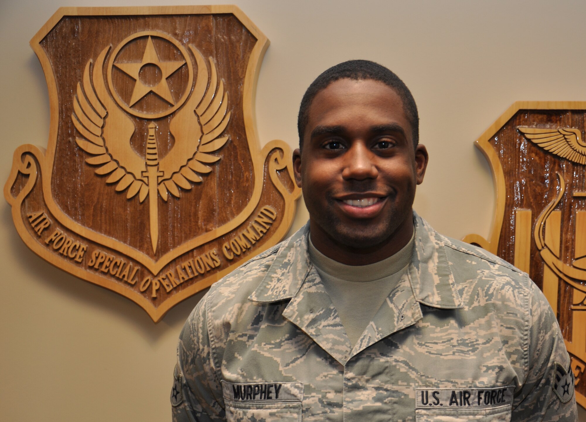 Senior Airman Richard L. Murphey Jr., 1st Special Operations Maintenance Operations Squadron weapons systems coordinator, poses for the Tip of the Spear weekly spotlight picture at Hurlburt Field, Nov. 9, 2010. Airman Murphey was selected for this week's Tip of the Spear spotlight by his peers. (DoD photo by U.S. Air Force Senior Airman William Banton)
