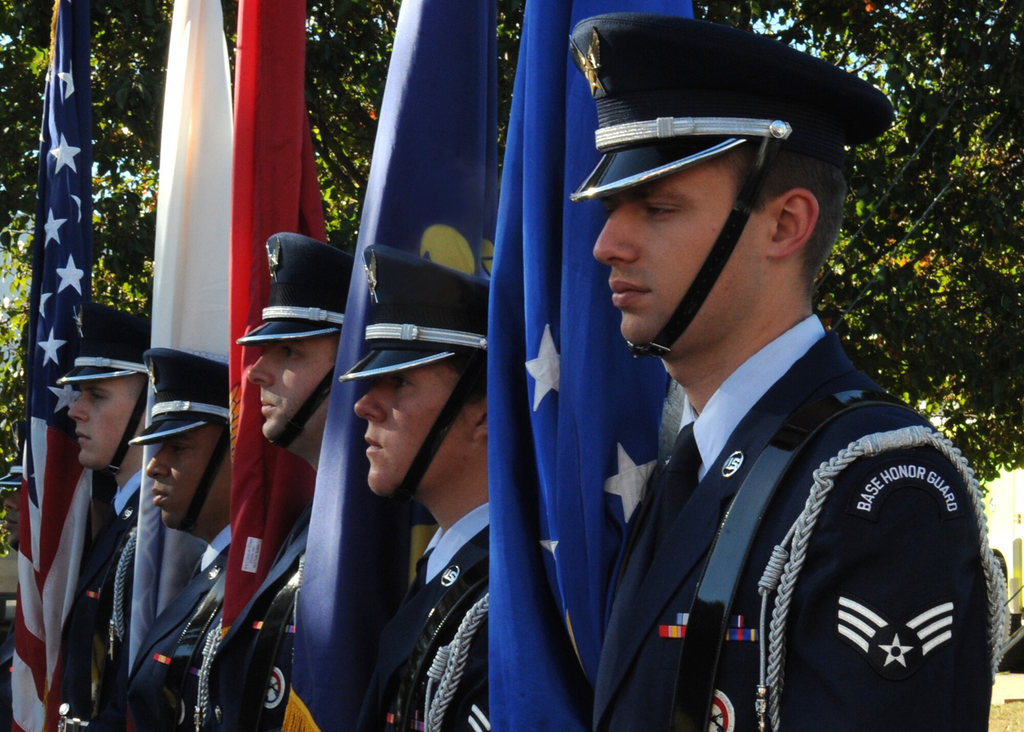 McConnell’s Honor Guard prepares to march in Wichita’s annual Veterans Day parade Nov. 6, 2010, in Wichita, Kan.   The parade allows the local community to see Airmen, soldiers, veterans and military equipment from different eras. (U.S. Air Force photo/Airman 1st Class Katrina M. Brisbin)