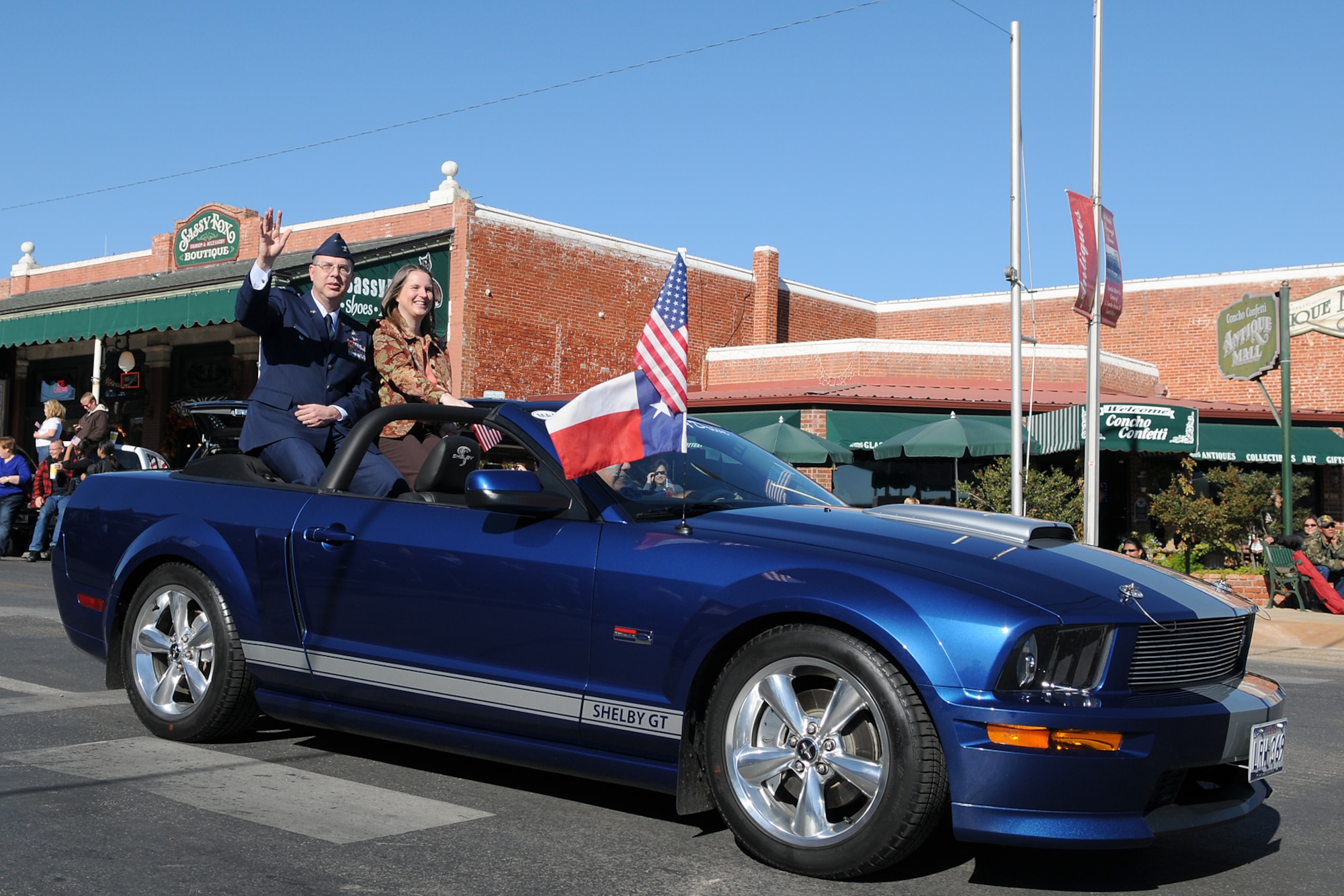 SAN ANGELO, Texas – Col. David Rearick, 17th Training Wing Vice Commander, and his wife, Whitney, participate in the San Angelo Veteran’s Day Parade Nov. 6. The city hosted its seventh annual parade in honor of those who have served the country.  (U.S. Air Force photo /Staff Sgt. Heather L Rodgers)