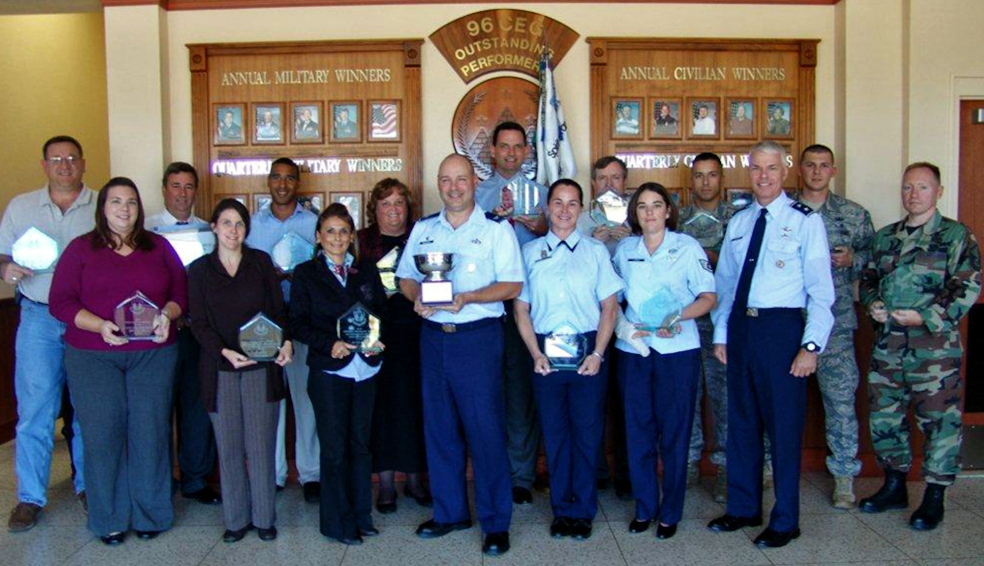 Maj. Gen. C.R. Davis, Air Armament Center Commander, presented Col. David Maharrey, 96th Civil Engineer Group Commander, and his team, with 13 Air Force Materiel Command-level awards. The 96th CEG captured 13 of 27 CE awards at command-level. The awards are: Clifton Wright Award for Best Operations, 796th Civil Engineer Squadron; Harry Reitman Award (Senior Civilian), Vicki Preacher; Community Planner Award, EJ Gomes; Chief Master Sergeant Daniels Superintendent Award, Master Sgt. Christy Skerrett; Maj. Gen. Lupia Award - Company Grade Officer, Capt. Jonathon Herman; Non-Commissioned Officer, Staff Sgt. Michael Pereira; Airman, Senior Airman Brandon Harrell; Military Emergency Manager of the Year Award, Staff Sgt. Kenneth Buchanan; Gen. TD White Natural Resources Conservation - Large Base, Natural Resources Branch; Cultural Team Excellence Award, Cultural Resources Branch; Sustainability Award - Non-Industrial, Compliance Branch; NEPA Award, Environmental Impact Analysis Program Section; Design Agent, Mobile District; Honorable Citation - Plans, 7th Special Forces Group Architectural Compatibility Plan.  (U.S, Air Force photo/Mike Spaits) 
