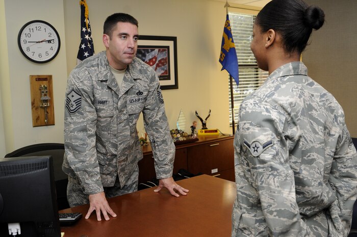 Master Sgt. Steven Hart, 628th Communications Squadron first sergeant, may sometimes have to rear-down and correct junior Airmen, but he also listens and tries to fix an issue before it becomes too much of a problem to handle. (U.S. Navy photo/Mass Communication Specialist 1st Class Jennifer R. Hudson)
